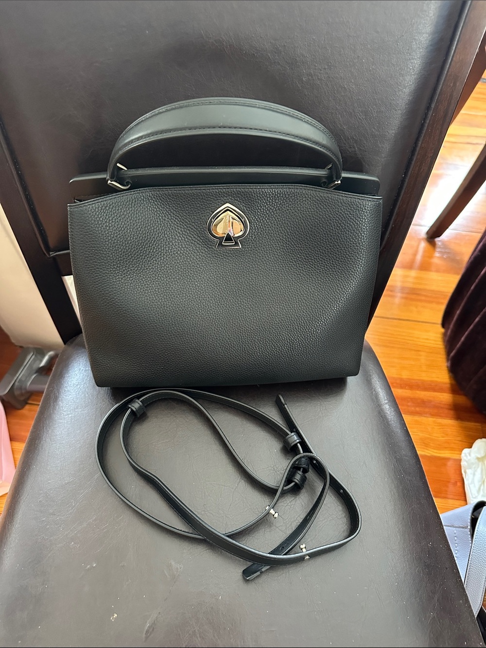 kate spade Black Pebbled Leather Top-Handle Satchel with Gold Spade Hardware